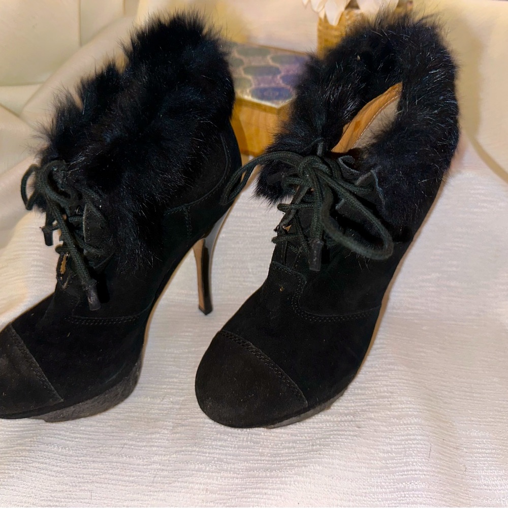 L.A.M.B. Pier suede booties with rabbit fur cuff‎ used